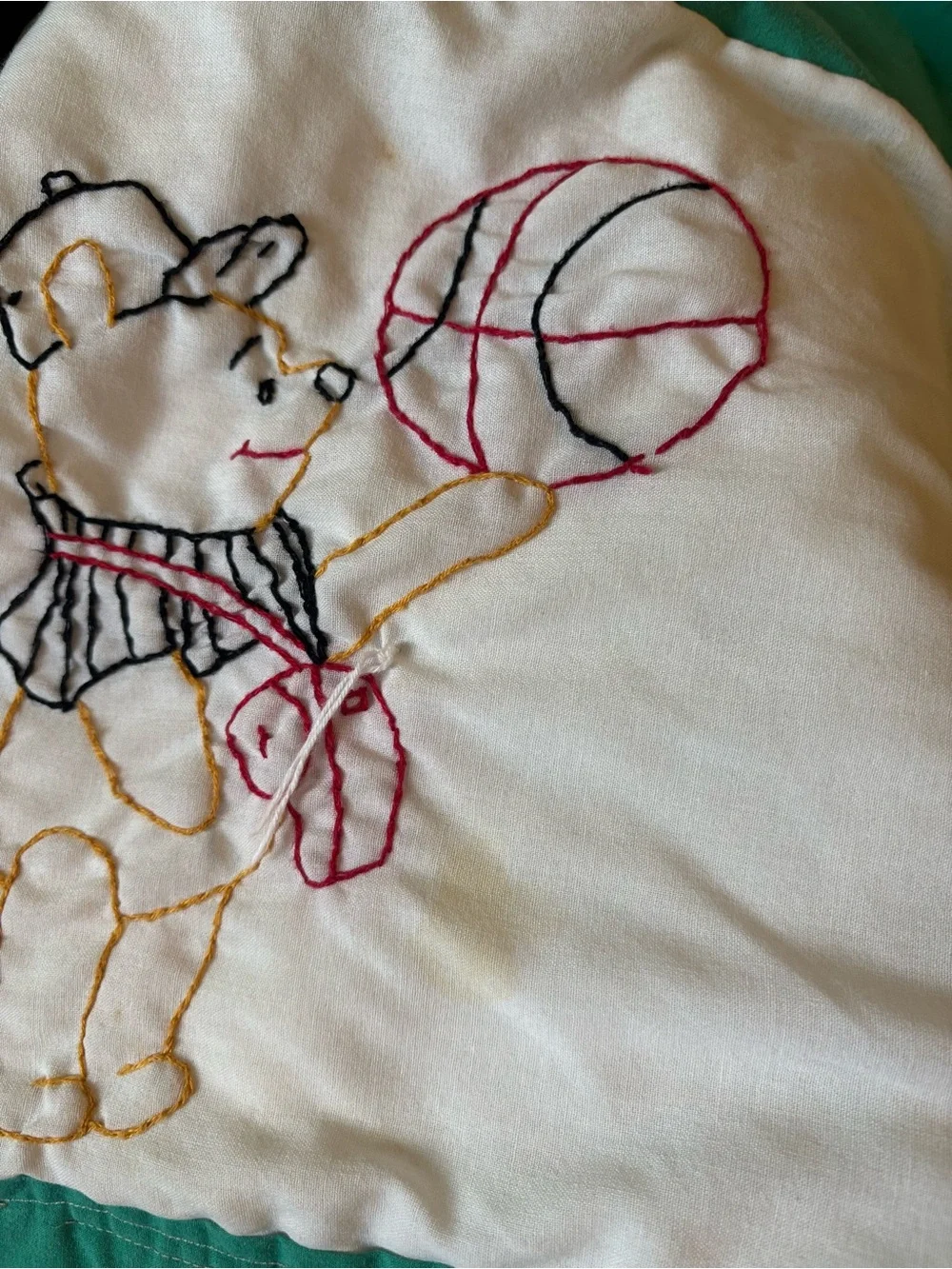 Hand-Embroidered Green and white Baby Quilt - Winnie-the-Pooh Motifs